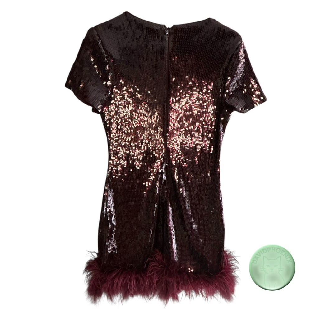 Express Burgundy Sequin Feather Hem Mini Dress – Size Medium New Without Tags - Picture 10 of 14